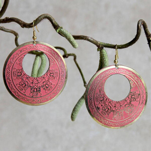 Ethical & fair trade pink boho metal round drop earrings